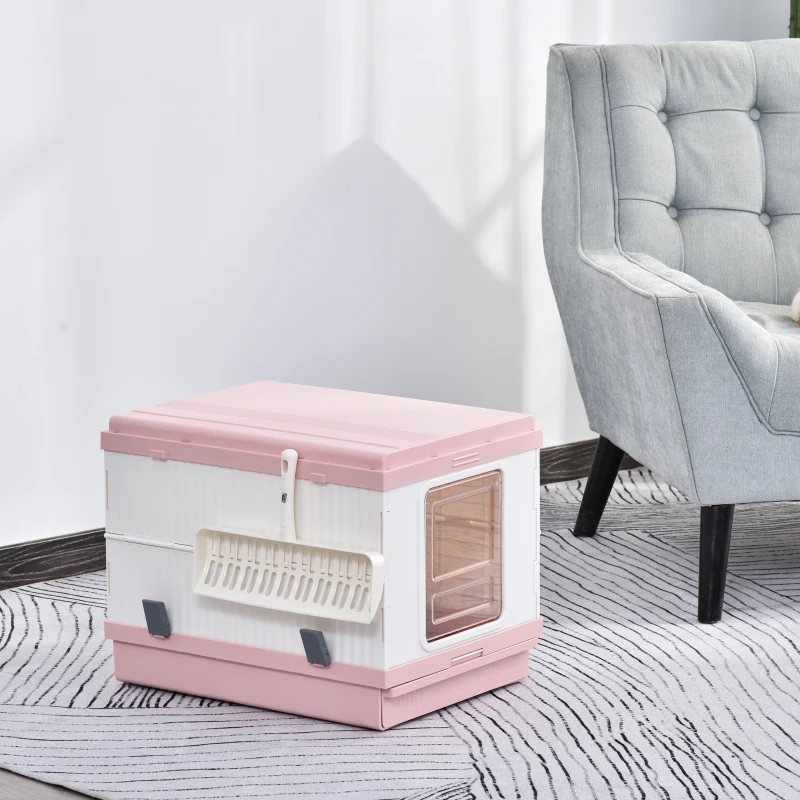 PawHut Cat Litter Box 54 x 43 x 42cm Foldable Full Enclosed Odor Control Handle Indoor Outdoor White and Pink ABS