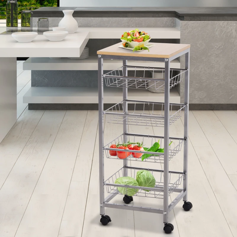 HOMCOM 5 Tier Rolling Kitchen Trolley Storage Cart with 4 Wire Baskets Lockable Wheels 36.5L x 36.5W x 89H cm