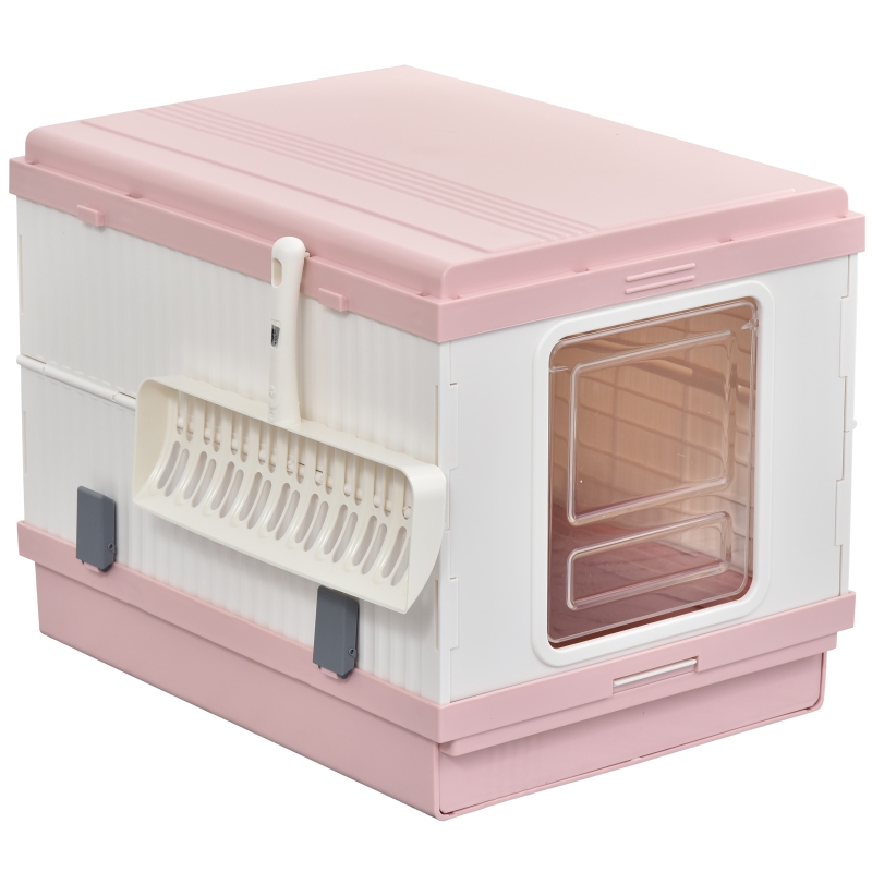 PawHut Cat Litter Box 54x43x42cm Foldable Full Enclosed Odor Control Handle Indoor Outdoor White and Pink ABS