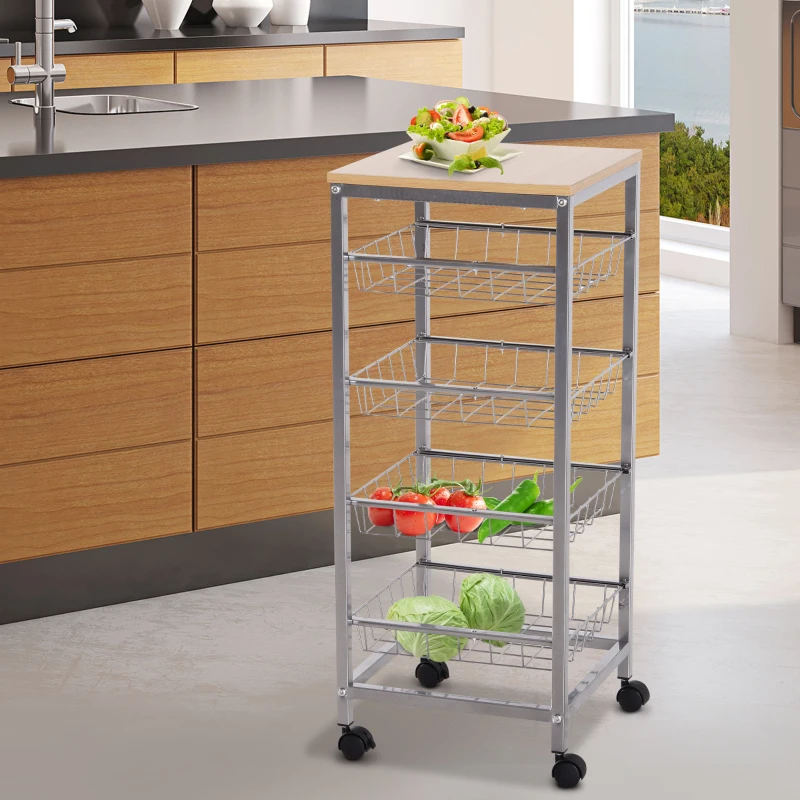HOMCOM 5 Tier Rolling Kitchen Trolley Storage Cart with 4 Wire Baskets Lockable Wheels 36.5L x 36.5W x 89H cm