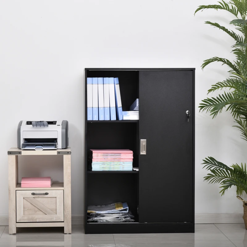 HOMCOM File Cabinet Office Storage Cupboard 2 Sliding Door 3 Shelves Locking Bookcase Shelving Unit 80x40x120cm-Black