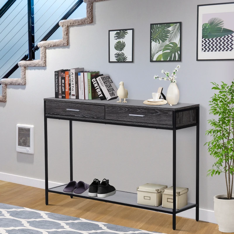 HOMCOM Console Table Worktop Bottom Shelf Home Two Drawer Industrial Minimal Style Grey Wood Tone Effect