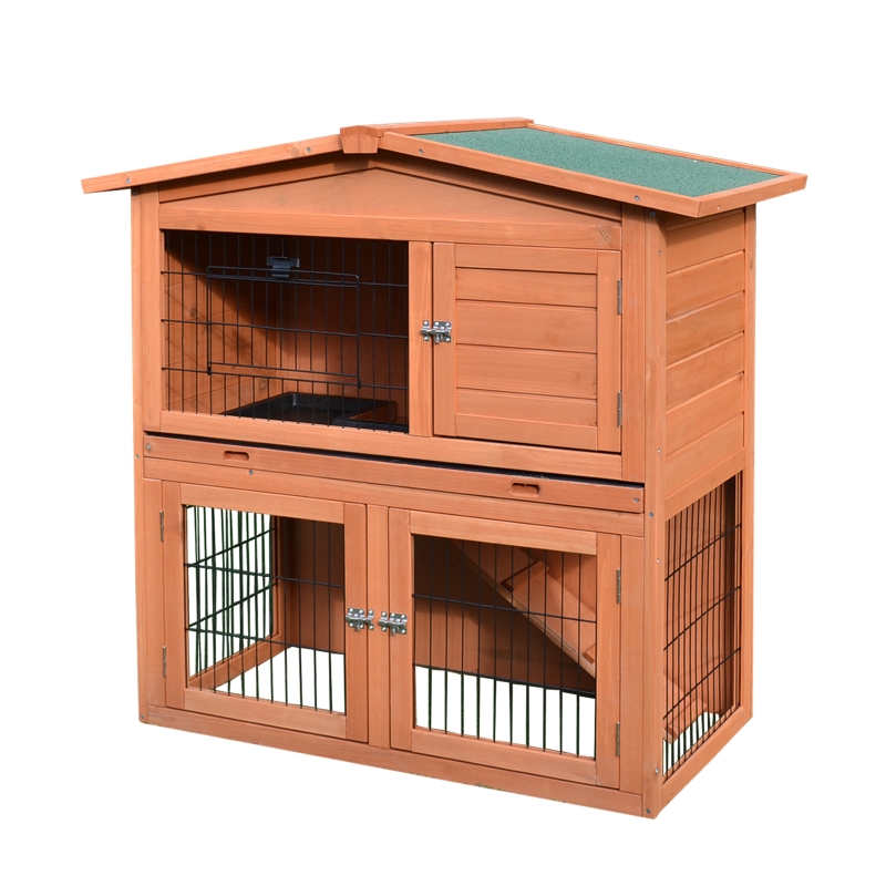 PawHut 2 Tier Wooden Rabbit Hutch Guinea Pig Ferret House Small Animal Cage with Ramp Slide Out Tray 100.5 x 55 x 101 cm