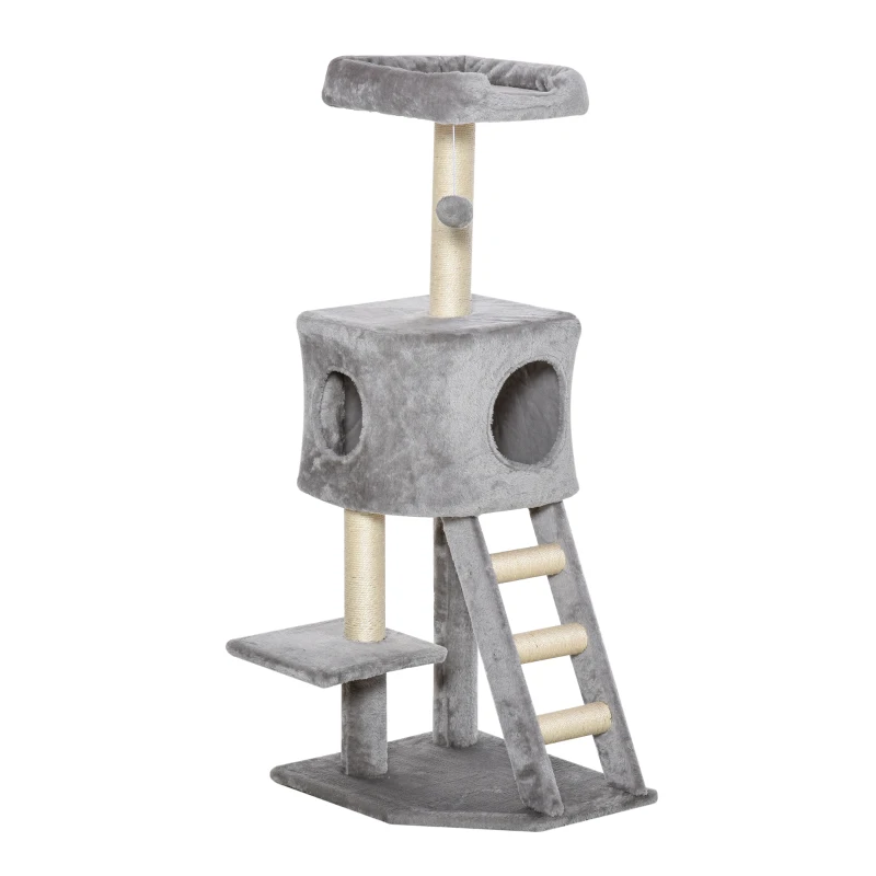 PawHut Cat tree Tower Climbing Kitten Activity Center Furniture with Sisal Scratching Post Condo Perch Dangling Ball Ladder 50 x 40 x 120cm Light Grey
