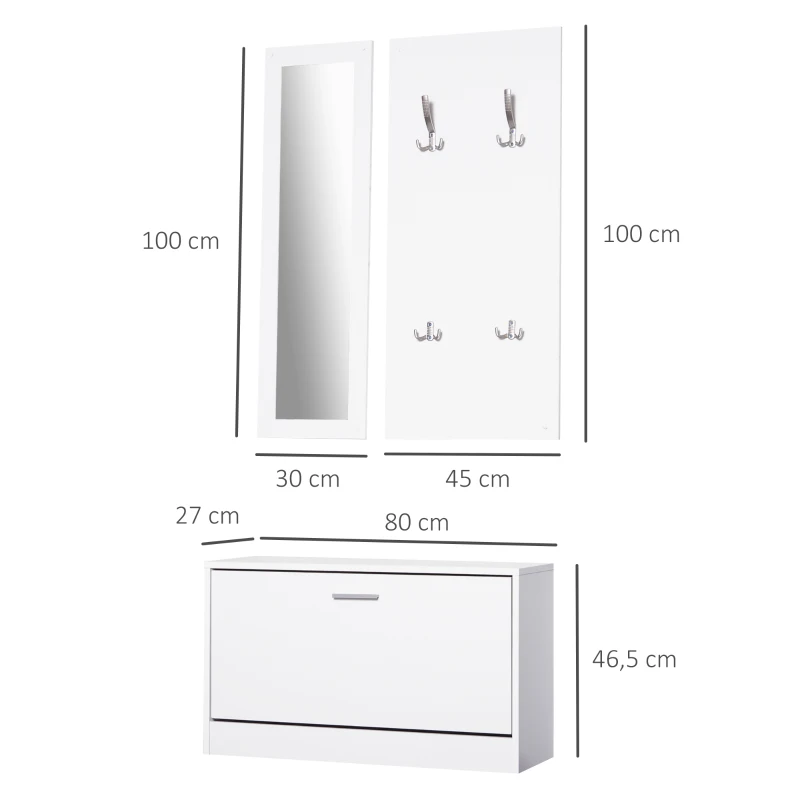 HOMCOM 3-In-1 Hallway Furniture Set Coat Rack Mirror Shoes Cabinet Storage Organiser White