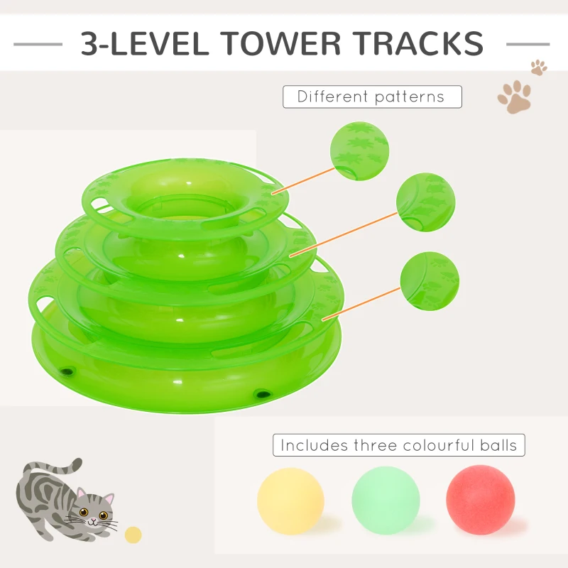 PawHut PET 3-level Tower Tracks for Cats Interactive Toy Kitty Disc Amusement Shelf Play Station Non-Slip Eco-friendly Green