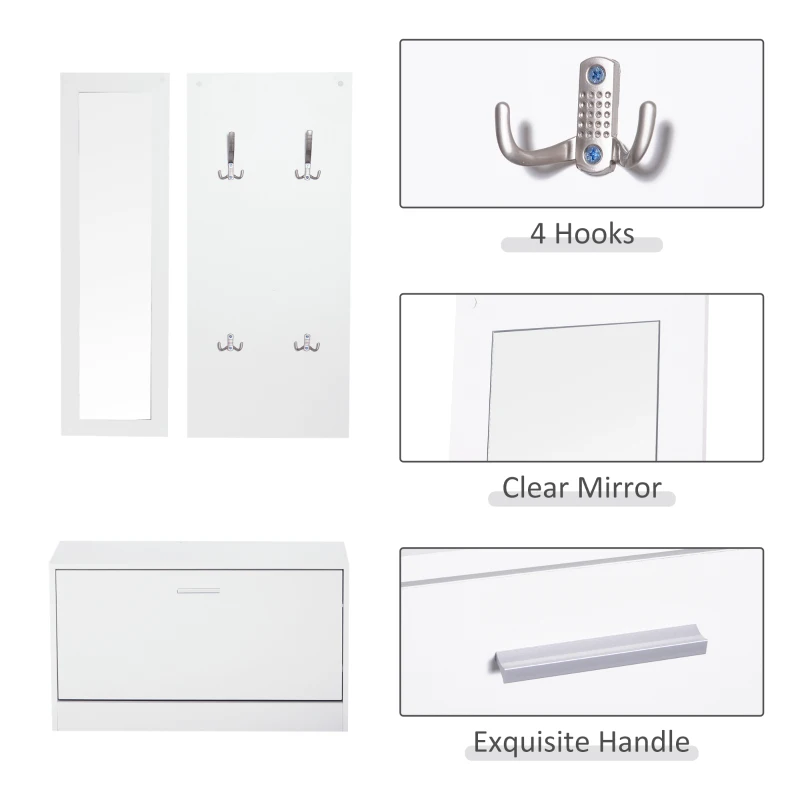 HOMCOM 3-In-1 Hallway Furniture Set Coat Rack Mirror Shoes Cabinet Storage Organiser White