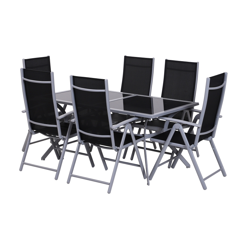 Outsunny Outdoor Patio Garden Texteline Dining Furniture Set with 6 Folding Chairs Plus Table - Black (7-Piece)