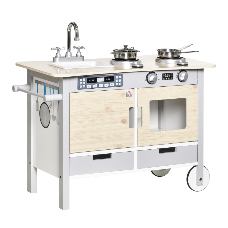 HOMCOM Kids Kitchen Play Cooking Toy Set, Educational Pretend Role Playset Game with Wheels, Sink, Cooking Bench, Drawers, for 3-5 Years Old, Nature Wood