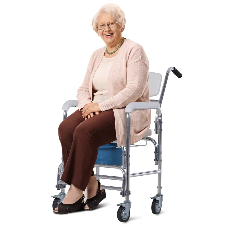 HOMCOM Personal Mobility Assist Commode Shower Transport Medical Rolling Chair Over The Toilet