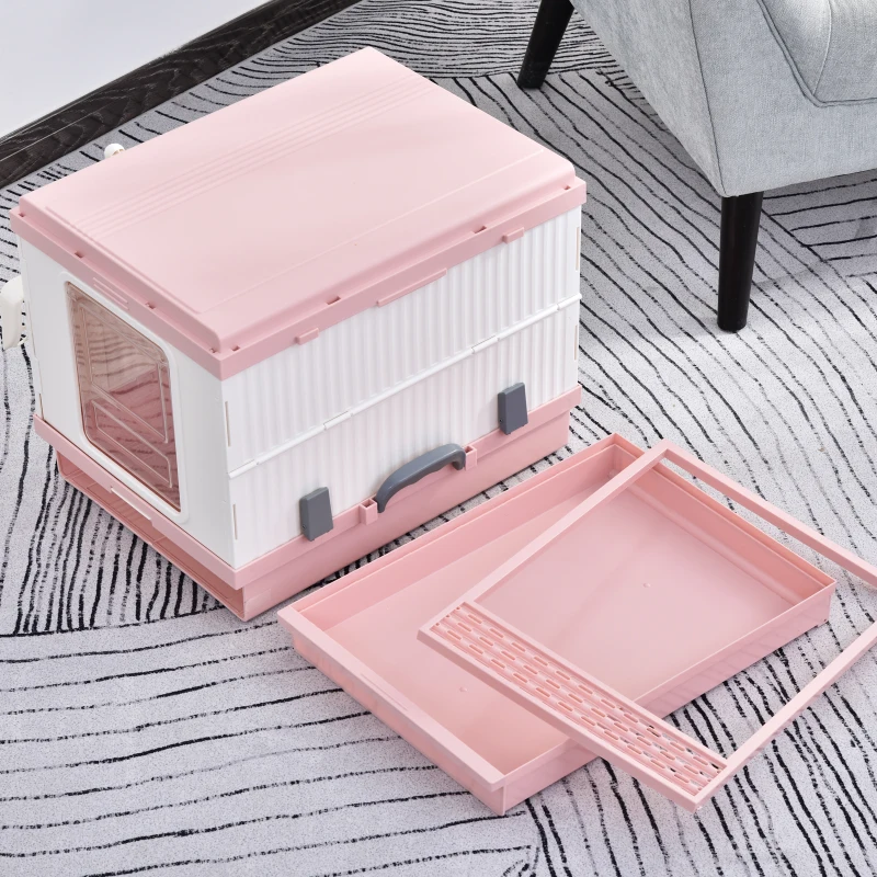 PawHut Cat Litter Box 54 x 43 x 42cm Foldable Full Enclosed Odor Control Handle Indoor Outdoor White and Pink ABS