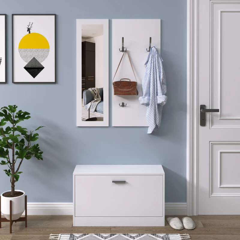 HOMCOM 3-In-1 Hallway Furniture Set Coat Rack Mirror Shoes Cabinet Storage Organiser White