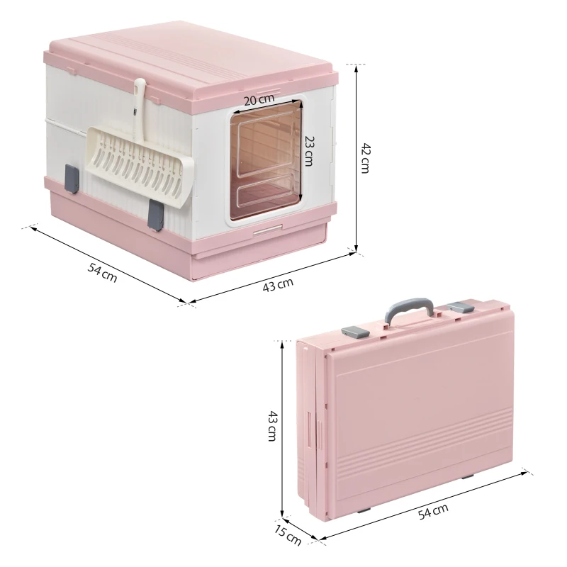 PawHut Cat Litter Box 54 x 43 x 42cm Foldable Full Enclosed Odor Control Handle Indoor Outdoor White and Pink ABS