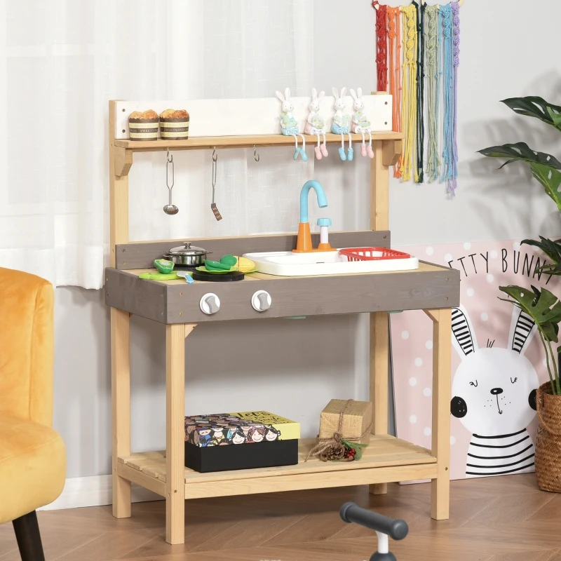 Outsunny Kitchen Playset, Kids Pretend Role Play Toy, Educational Game with Sink, Running Water, Vegetable, Dish, Educational Role Play Set for 3+ Years Old