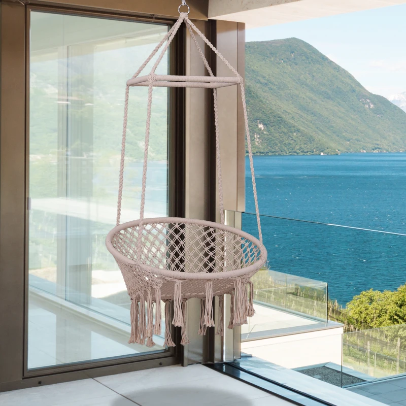 Outsunny Hammock Macrame Swing Chair Hanging Seat Rope Tassels Indoor Outdoor Garden Solid Knitted Woven Net Seat Deck Porch Yard Beige