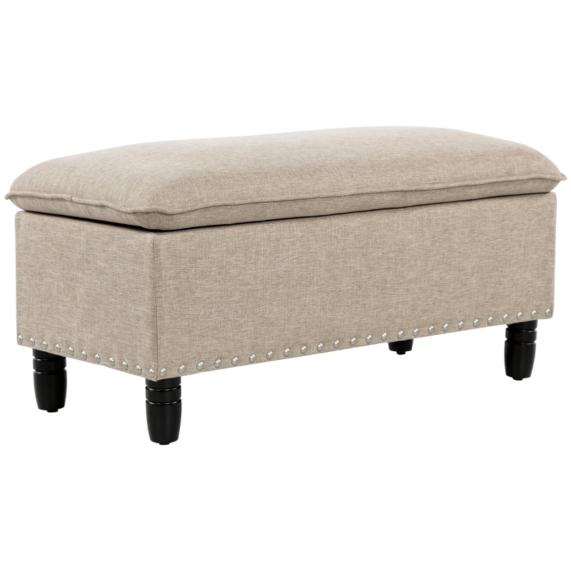 HOMCOM Linen-Touch Fabric Upholstered Storage Bench Accent Seat Ottoman Footrest Foot Stool with Nailhead Trim