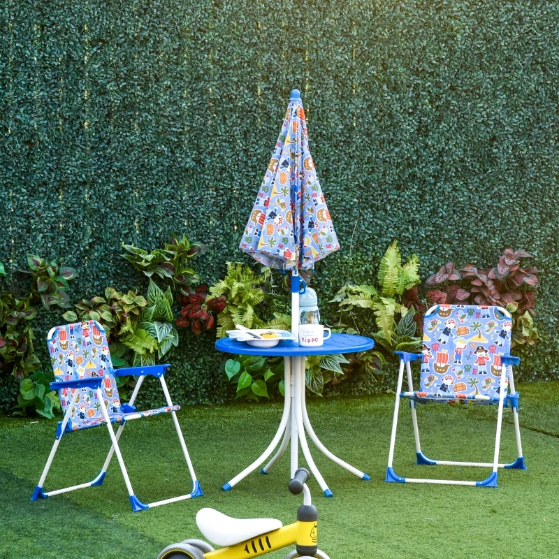 Outsunny Kids Folding Picnic Table and Chair Set Pirate Pattern Outdoor Garden Patio Backyard with Removable & Height Adjustable Sun Umbrella