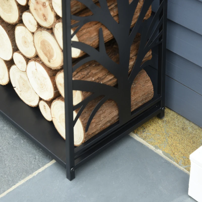 HOMCOM Steel Firewood Log Holder Indoor Outdoor Firewood Rack Fireplace Wood Storage Shelf with 4 Tools, Hooks, Tree Pattern Design, Rust-Resistant, Black, 46W x 30D x 70H cm