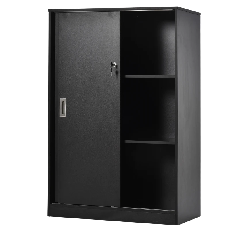 HOMCOM File Cabinet Office Storage Cupboard 2 Sliding Door 3 Shelves Locking Bookcase Shelving Unit 80x40x120cm-Black