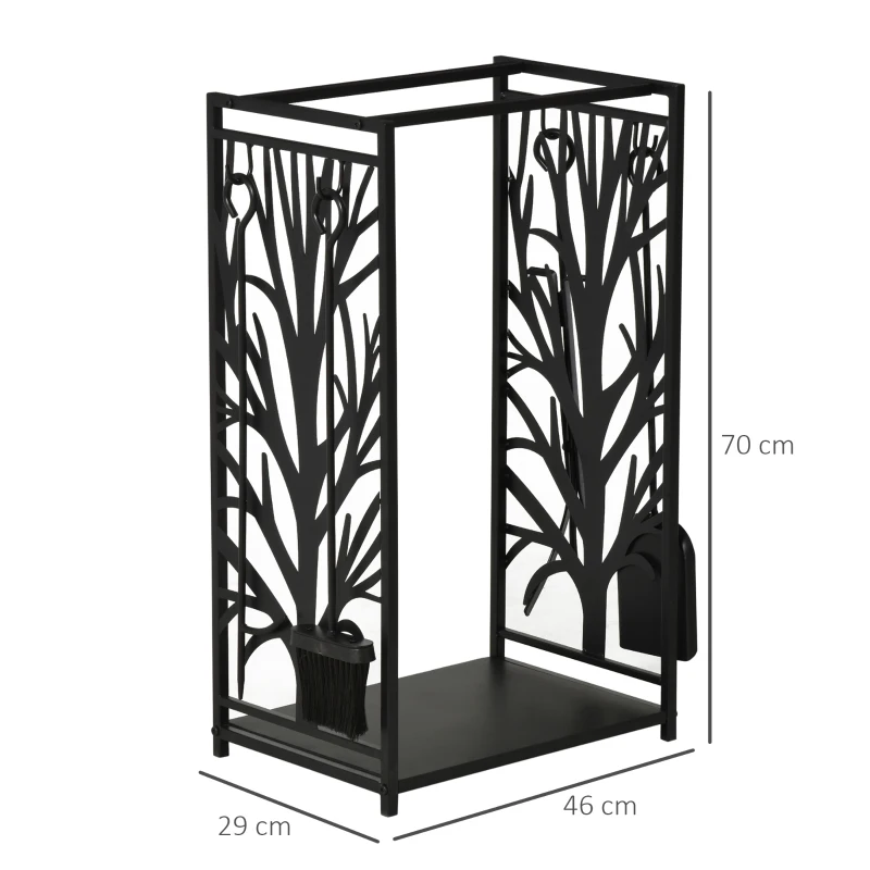 HOMCOM Steel Firewood Log Holder Indoor Outdoor Firewood Rack Fireplace Wood Storage Shelf with 4 Tools, Hooks, Tree Pattern Design, Rust-Resistant, Black, 46W x 30D x 70H cm