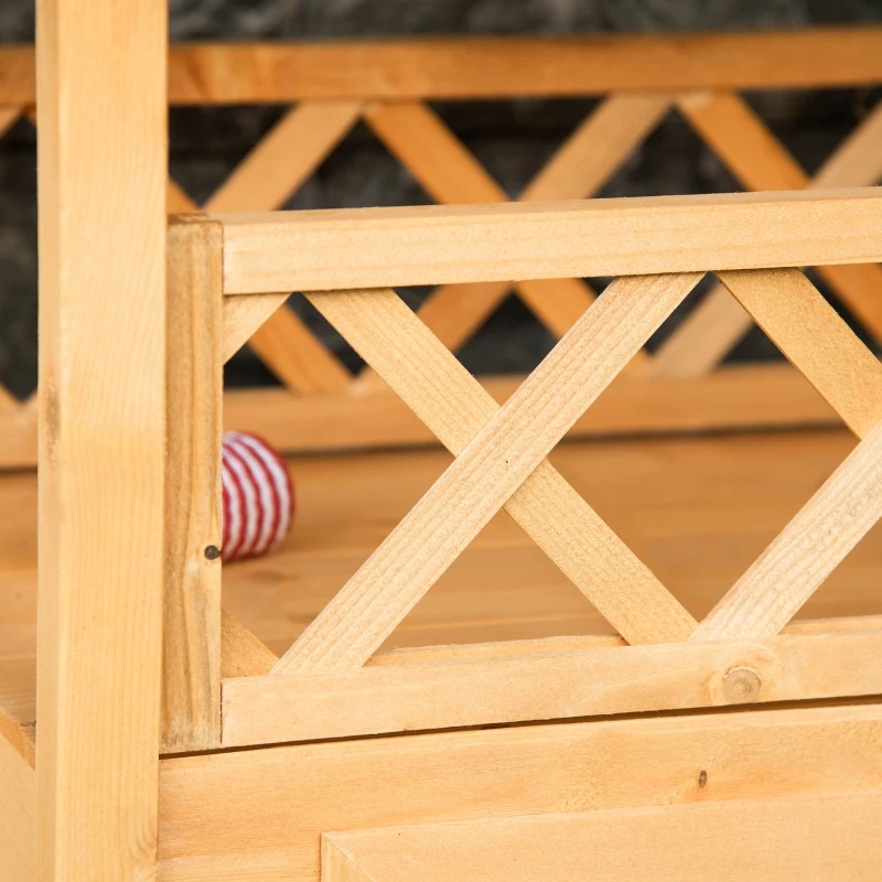 PawHut Wooden Cat House Outdoor Luxury Room Weatherproof Shelter with Balcony and Stair Puppy Garden Large Kennel Natural Wood