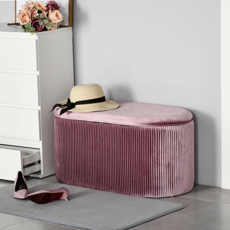 HOMCOM Rectangle Storage Ottoman Mid-century Modern Bench Stool Velvet Footrest Bedroom Living Room Furniture,Pink