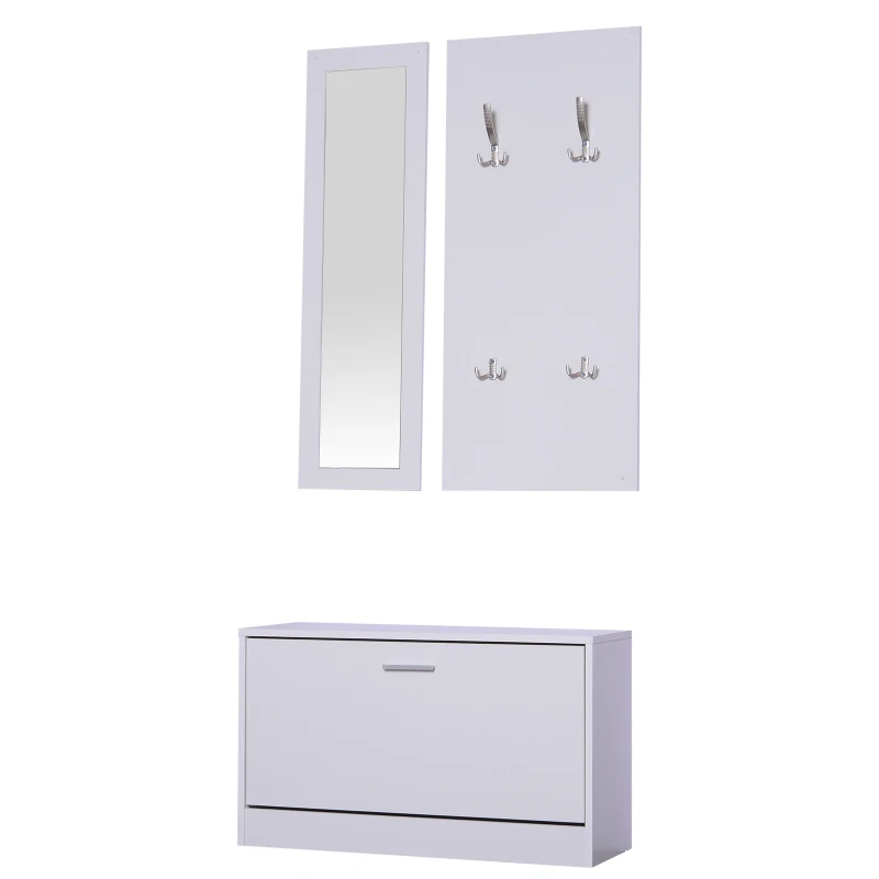 HOMCOM 3-In-1 Hallway Furniture Set Coat Rack Mirror Shoes Cabinet Storage Organiser White