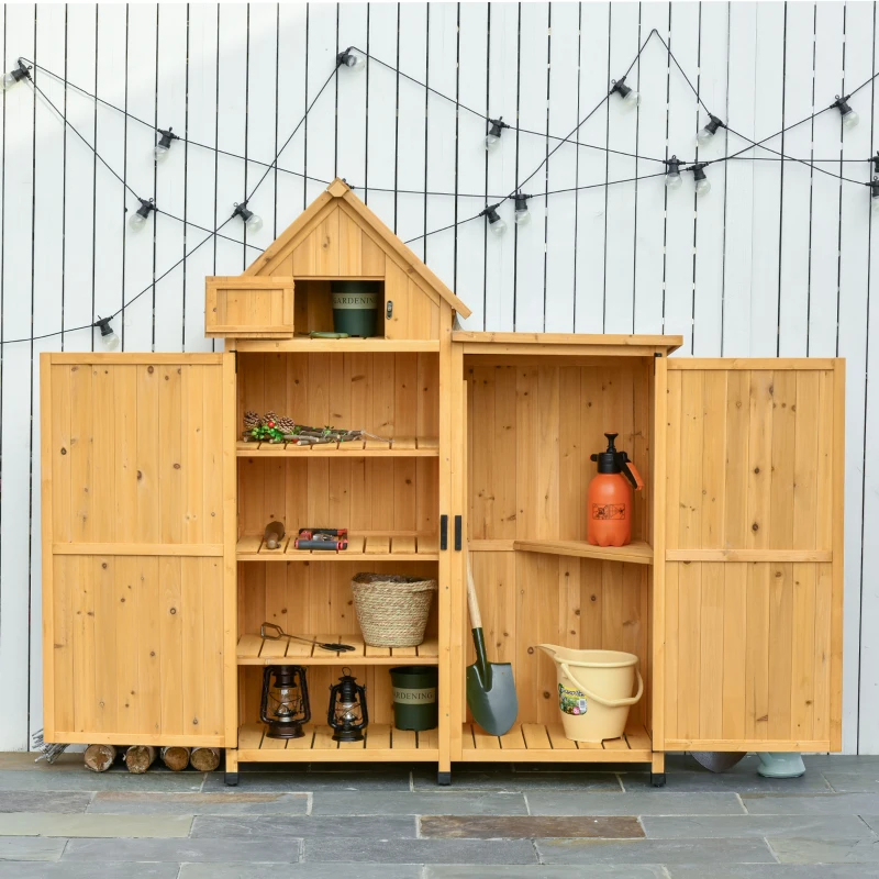 Outsunny Wood Storage Shed, Waterproof Asphalt Roof Outdoor Tool Organizer Cabinet for Garden Backyard with Lockable Doors Hooks & Shelves