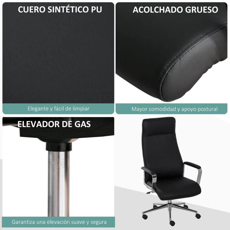 Vinsetto Silla de Oficina Ergonómica Giratoria  Basculante Ajustable en Altura con Reposabrazos y Respaldo Alto Ruedas para Oficina Hogar 63x64x118,5-128 cm Negro