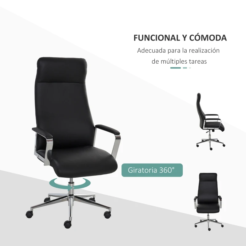 Vinsetto Silla de Oficina Ergonómica Giratoria  Basculante Ajustable en Altura con Reposabrazos y Respaldo Alto Ruedas para Oficina Hogar 63x64x118,5-128 cm Negro