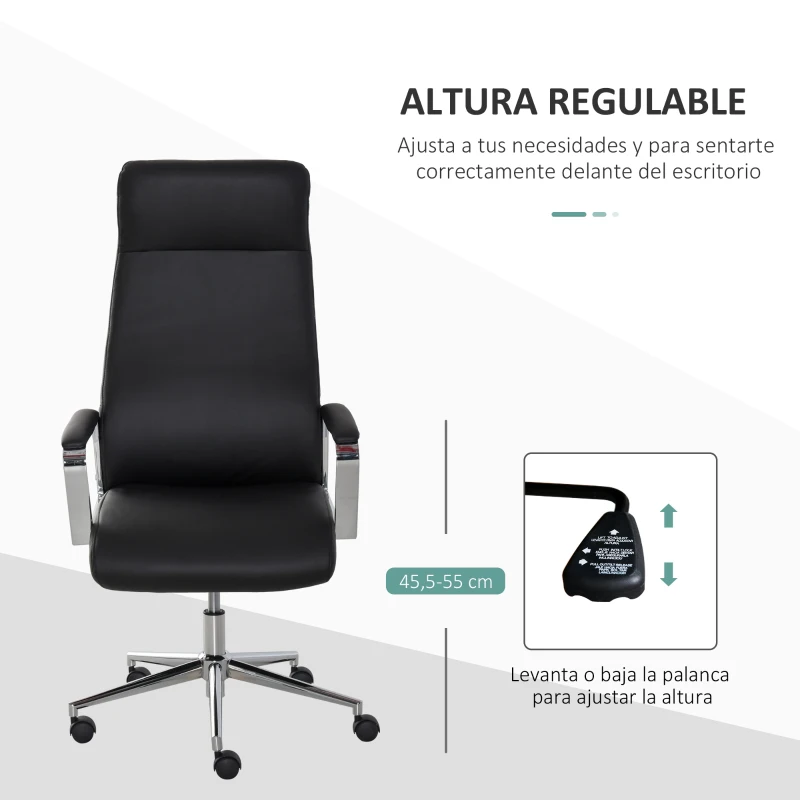 Vinsetto Silla de Oficina Ergonómica Giratoria  Basculante Ajustable en Altura con Reposabrazos y Respaldo Alto Ruedas para Oficina Hogar 63x64x118,5-128 cm Negro