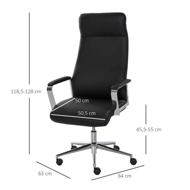 Vinsetto Silla de Oficina Ergonómica Giratoria  Basculante Ajustable en Altura con Reposabrazos y Respaldo Alto Ruedas para Oficina Hogar 63x64x118,5-128 cm Negro