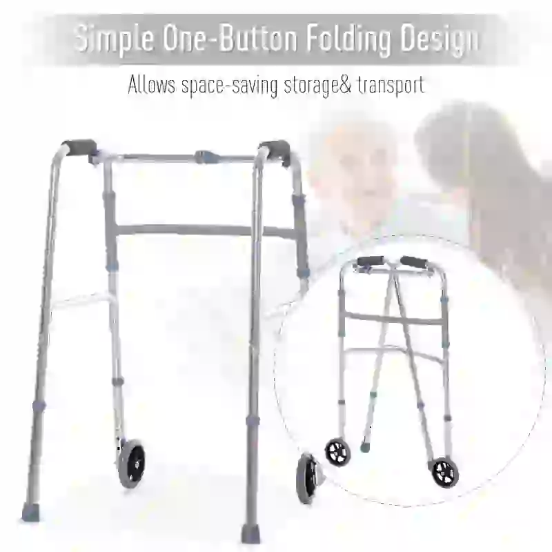 HOMCOM Folding Lightweight Aluminium Walking Assist Walking Frame Walker Mobility Aid Height Adjustable w/ 2 Front Wheels