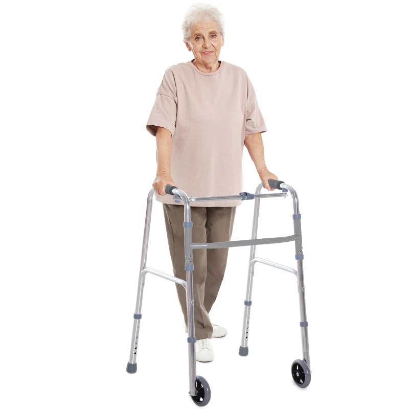 HOMCOM Folding Lightweight Aluminium Walking Assist Walking Frame Walker Mobility Aid Height Adjustable w/ 2 Front Wheels