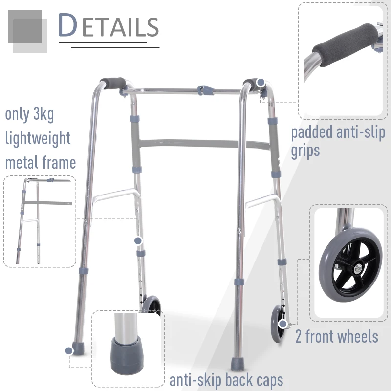 HOMCOM Folding Lightweight Aluminium Walking Assist Walking Frame Walker Mobility Aid Height Adjustable w/ 2 Front Wheels
