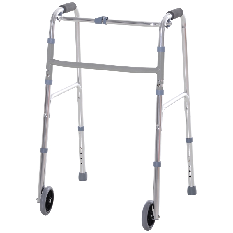 HOMCOM Folding Lightweight Aluminium Walking Assist Walking Frame Walker Mobility Aid Height Adjustable w/ 2 Front Wheels