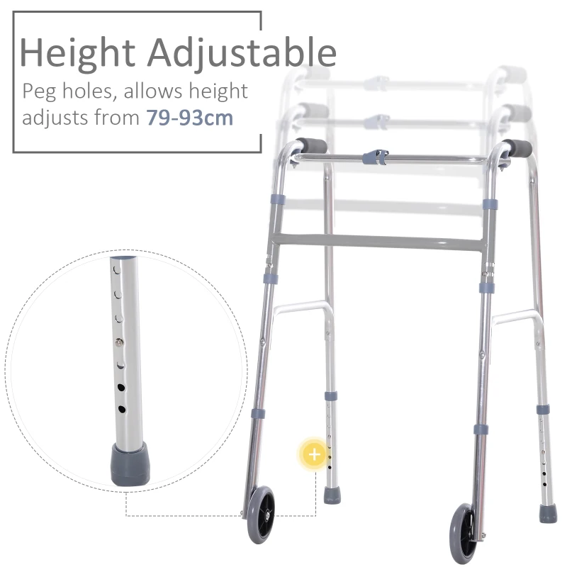 HOMCOM Folding Lightweight Aluminium Walking Assist Walking Frame Walker Mobility Aid Height Adjustable w/ 2 Front Wheels