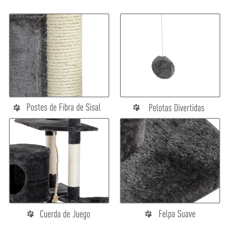 PawHut Árbol Rascador para Gatos 200 cm Torre para Gatos con 2 Cuevas 2 Hamacas Cama Postes de Sisal 60x60x200 cm Gris Oscuro