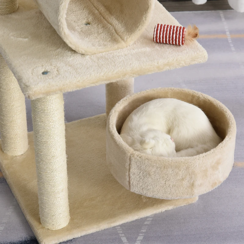 PawHut Árbol para Gatos Torre de Escalada Divertido con Cama Redonda Suave Postes Rascadores de Sisal Natural Túnel Juguetes Colgantes 40x40x121 cm Beige