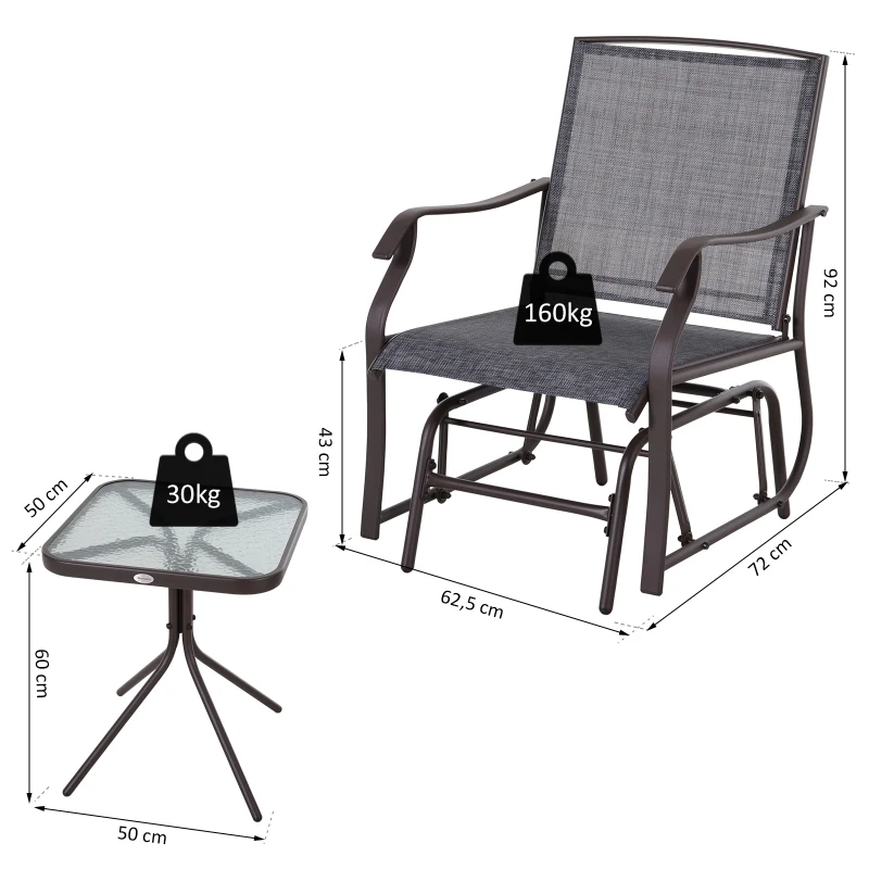 Outsunny Conjunto de Muebles de Jardín Set de 2 Silla Mecedoras 1 Mesa de Acero Textilene para Patio Terraza Exterior 50x50x60 cm Carga 160 kg Gris