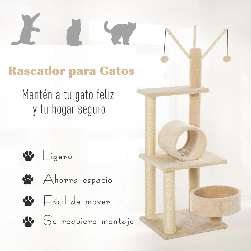 PawHut Árbol para Gatos Torre de Escalada Divertido con Cama Redonda Suave Postes Rascadores de Sisal Natural Túnel Juguetes Colgantes 40x40x121 cm Beige