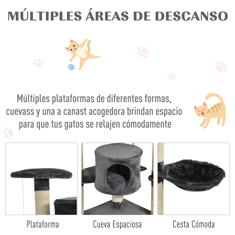 PawHut Árbol Rascador para Gatos 200 cm Torre para Gatos con 2 Cuevas 2 Hamacas Cama Postes de Sisal 60x60x200 cm Gris Oscuro
