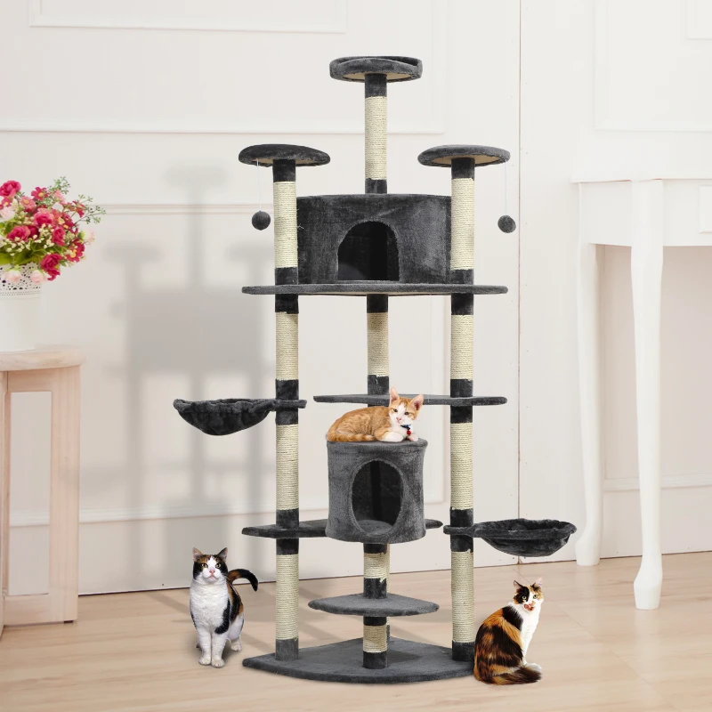 PawHut Árbol Rascador para Gatos 200 cm Torre para Gatos con 2 Cuevas 2 Hamacas Cama Postes de Sisal 60x60x200 cm Gris Oscuro