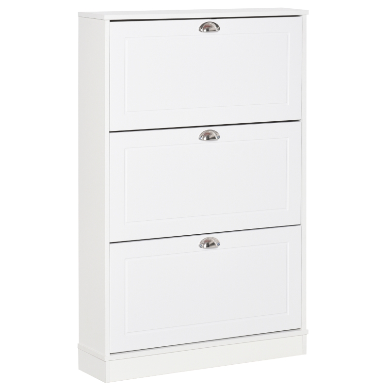 HOMCOM Tipping Bucket Shoe Cabinet Wooden Storage Organizer with 3 Drawers Narrow 3 Tiers Cupboard for Entrance Foyer, White