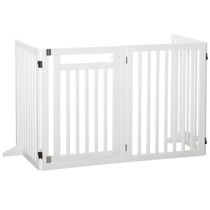 PawHut Wooden Pet Gate 4 Panel Foldable Fence with Door Walk Through Freestanding Dog Safety Barrier for House Doorway Stairs, White