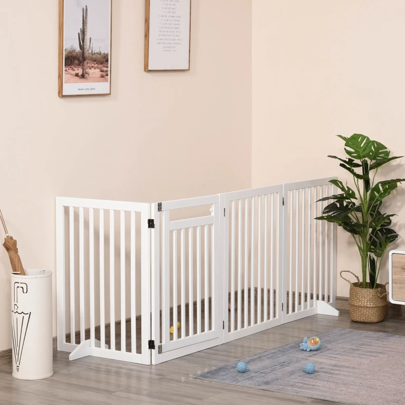 PawHut Wooden Pet Gate 4 Panel Foldable Fence with Door Walk Through Freestanding Dog Safety Barrier for House Doorway Stairs, White