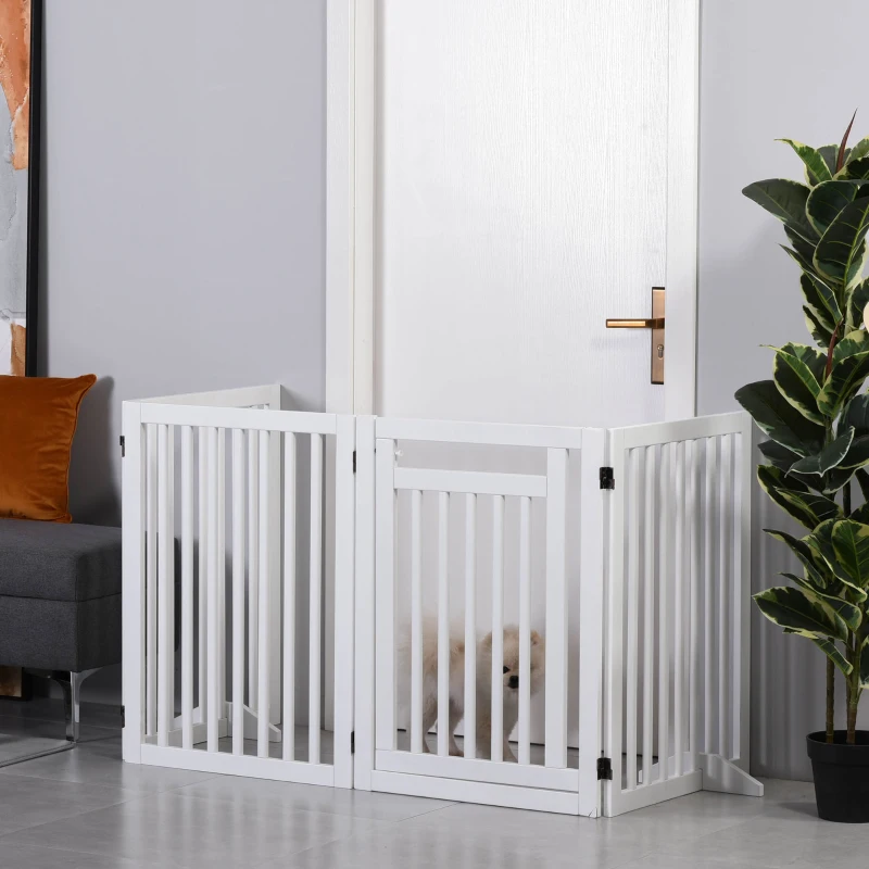 PawHut Wooden Pet Gate 4 Panel Foldable Fence with Door Walk Through Freestanding Dog Safety Barrier for House Doorway Stairs, White