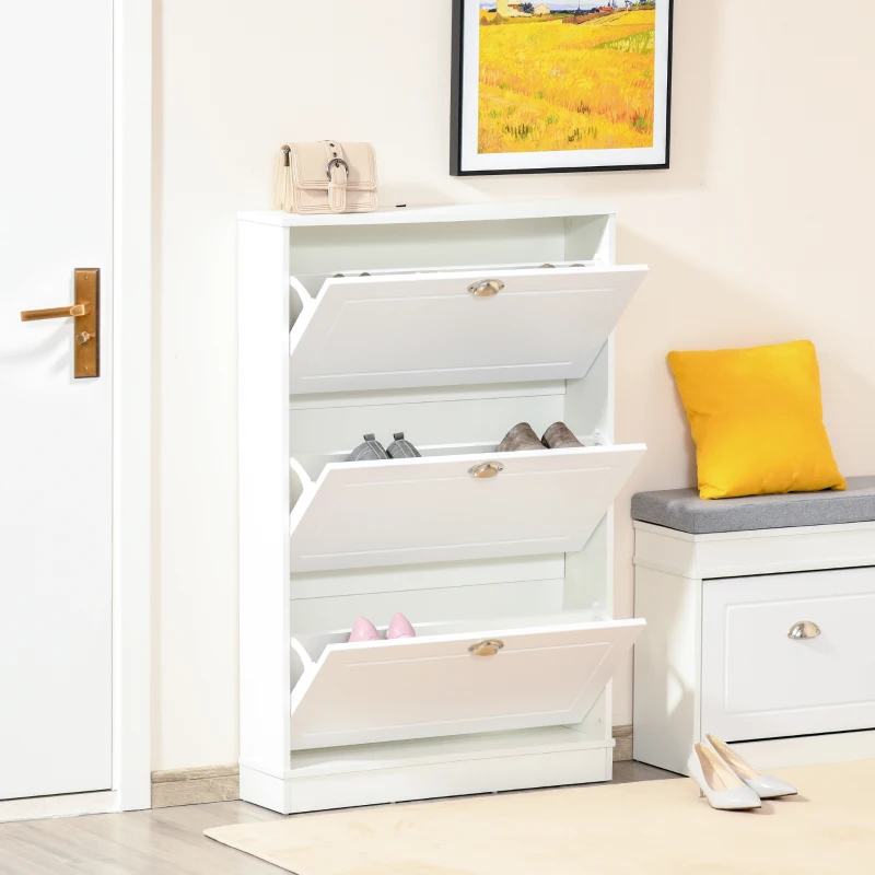 HOMCOM Tipping Bucket Shoe Cabinet Wooden Storage Organizer with 3 Drawers Narrow 3 Tiers Cupboard for Entrance Foyer， White