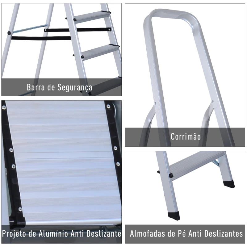 HOMCOM Escada de alumínio Tesoura dobrável 4/5/6 degraus 150kg leve robusta (6 degraus) 188x109x48 cm prata