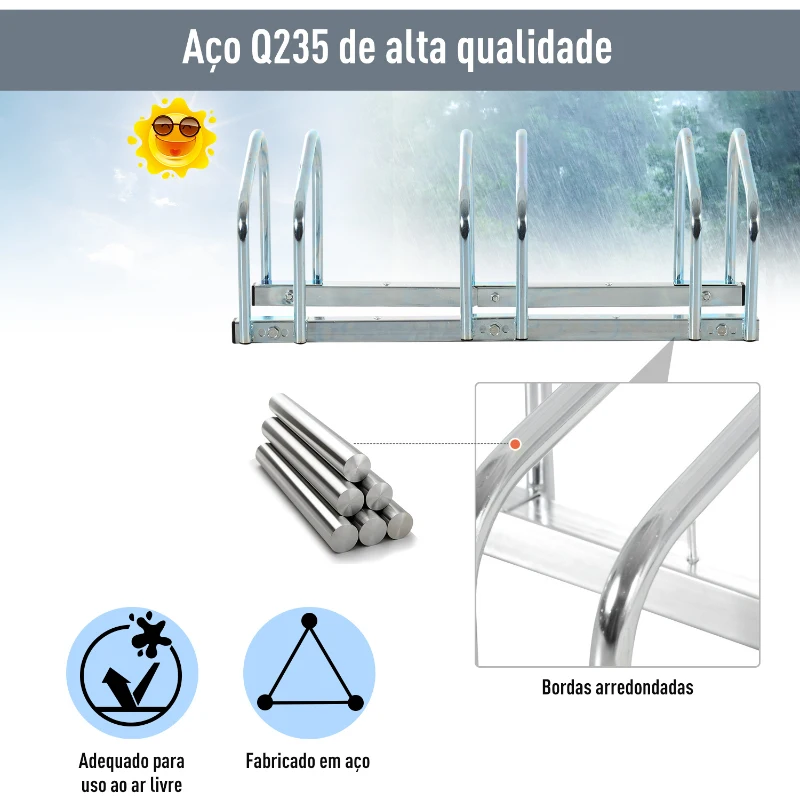 HOMCOM Estacionamento para 3 Bicicletas Suporte de Aço para Estacionar Bicicletas no Chão para Interior e Exterior 70,5x33x27cm Prata